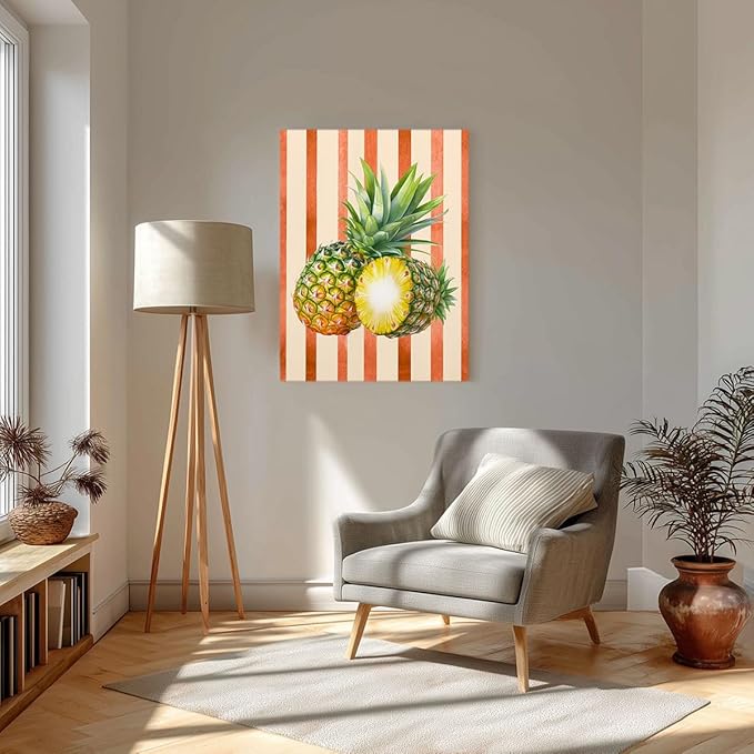 Pineapple Watercolor Wall Art – Tropical Fruit Canvas Print – Summer Kitchen Decor with Orange Stripes – Botanical Pineapple Illustration Poster 24x32inch-Unframed