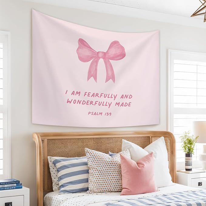 STHTTSW Pink Bow Christian Tapestry, I Am Fearfully And Wonderfully Made Tapestries Wall Blanket, Cute Coquette Tapestry Decor for Girl College Dorm Apartment Bedroom Church, 50x60 Inch