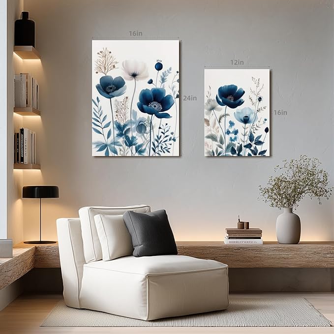 LLEEMPI Framed Navy Blue Floral Wall Art Set of 3, Modern Wildflower Wall Decor, Watercolor Botanical Canvas Paintings, Classic Minimalist Poster Prints for Bedroom Bathroom Office 16x24 Inch