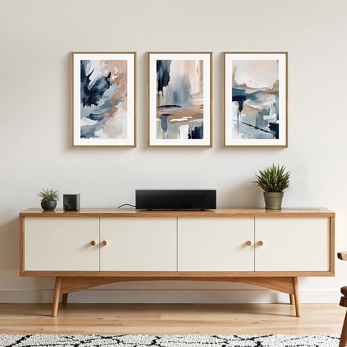 Aryroi Large Abstract Navy Blue and Tan Framed Canvas Wall Art,Modern Minimalist Shape Wall Decor,Watercolor Brush Stoke Artwork,Neutral Color Block Art Print For Living Room,Bedroom,Office- 16"x24"x3