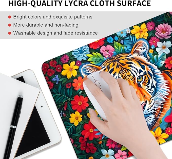 Tiger and Flower Texture Mouse pad, Square Waterproof and Anti Slip Mouse pad for Office laptops