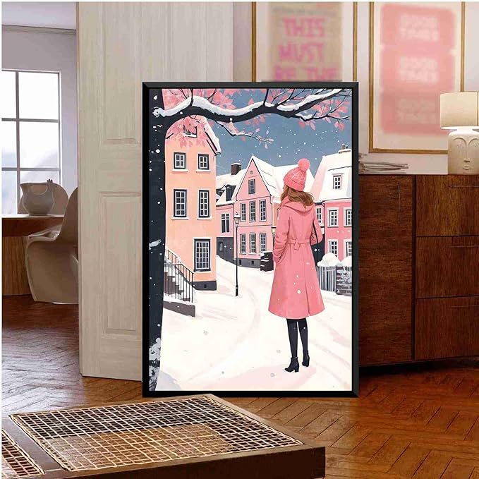 Framed Canvas Wall Art serene winter scene in a quaint village art print Christmas snow cosy winter's day 8x12in Metal blackFramed