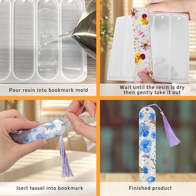 Set of 3 Bookmarks Silicone Mold, Small Medium Rectangle Bookmark Resin Mold Kit with 20 Pcs Tassels for DIY Epoxy Resin Casting Crafts Making Supplies
