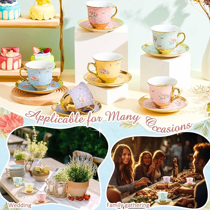 Set of 18 Tea Cups and Saucers Tea Party Decorations Floral Porcelain 5.4 oz British Gift for Women Birthday Party, Church, and Mother's Day (Vintage Style)