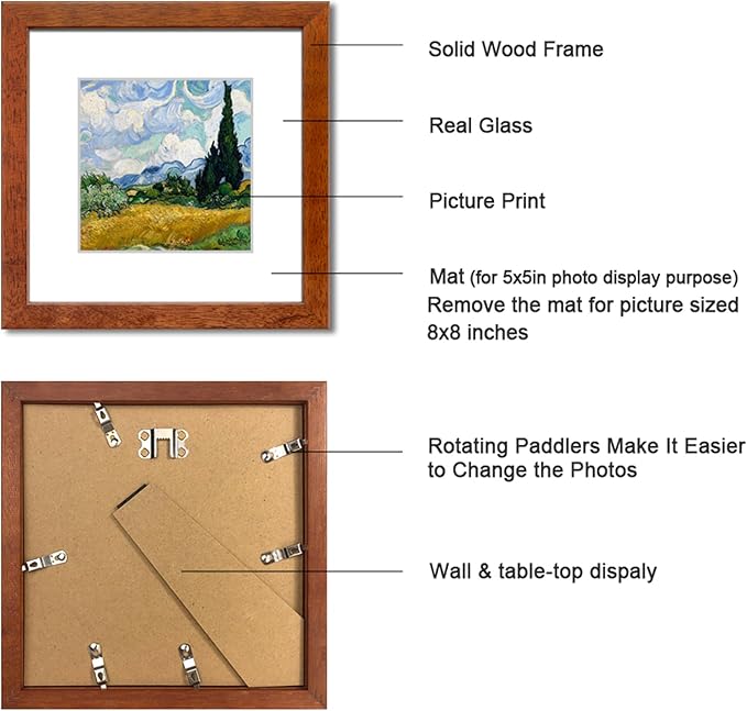 8x8 Picture Frame Set of 4 Made of Solid Wood Photo Frame with Real Glass for Pictures 5x5 with Mat or 8x8 Without Mat,Wall Gallery or Tabletop display Picture Frames,Brown
