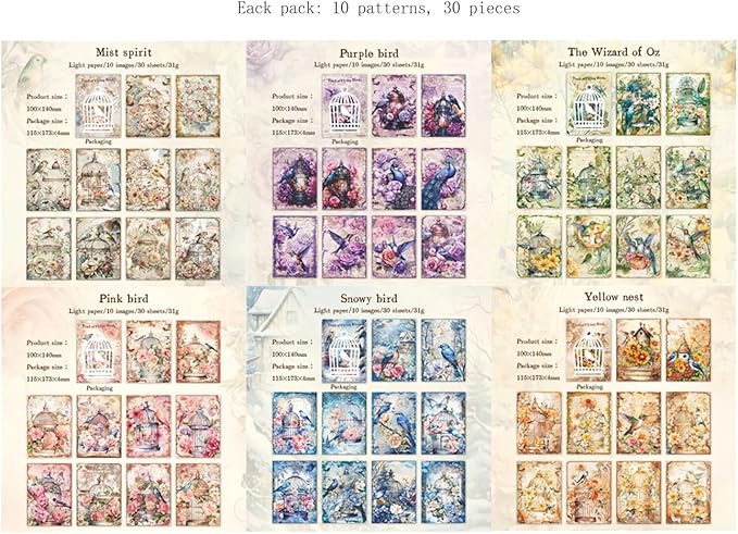 MAFELOE Scrapbook Supplies for Decorative Paper Aesthetic, Art Collage Album and Card Making, Junk Journal Kit Handmade Scrapbook Paper Craft, 6 Packs, 30 Pieces Each - Cage&Bird Series