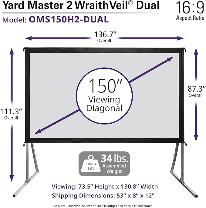 Elite Screens Yard Master 2 DUAL Projector Screen, 150-INCH 16:9, Front and Rear 4K/8K Ultra HD, Active 3D, HDR Ready Projection, OMS150H2-DUAL