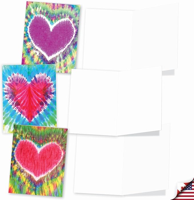 The Best Card Company - 20 Cute Boxed Cards (4 x 5.12 Inch) - Assorted Blank Set (10 Designs, 2 Each) - Tie-Dye Hearts AM9162OCB-B2x10