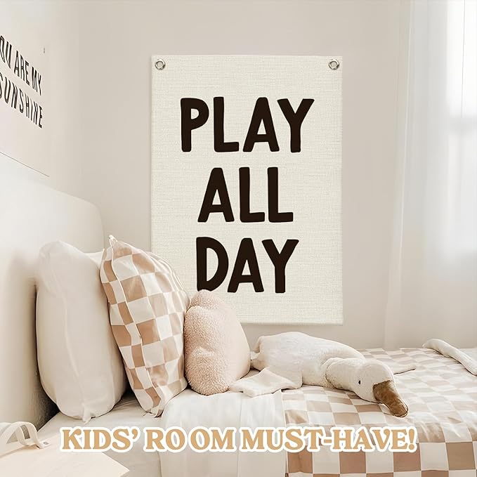 Playroom Wall Decor Linen Canvas Banner,Play All Day Wall Hanging Flag Banner for Kids Nursery and Playroom Wall Decor,Stylish Room Decor for Boys and Girls 18x25 Inch