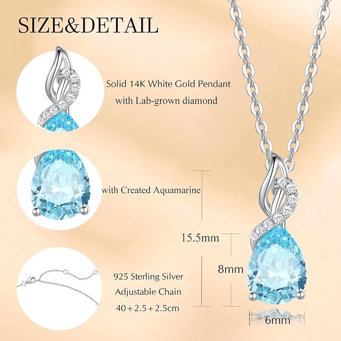FANCIME 14K Solid White Gold Teardrop Pendant with Diamond Birthstone Necklace