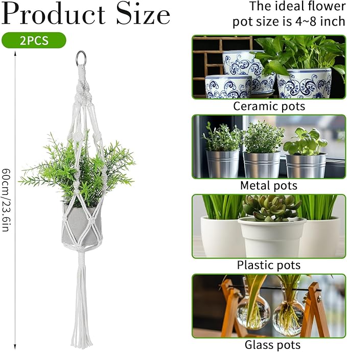 2Pcs Macrame Plant Hanger Indoor, for up to 4 Inch Pot Hanging Plant Holder for Indoor Outdoor, 23.6 Inch Tassel Hanging Planter Basket, Boho Pot Holder for Home Decor (White)