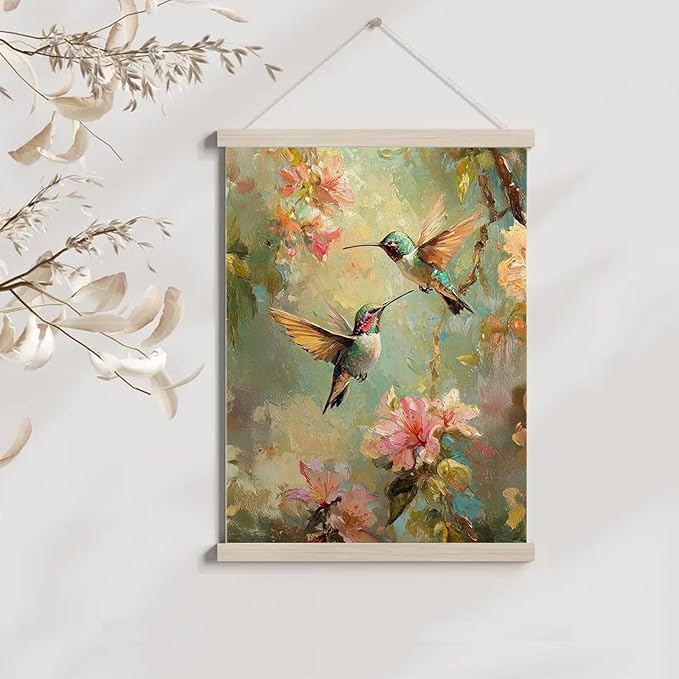 bitCNY Hummingbird Wall Art 12x16 Inches – Colorful Floral Canvas Painting, Nature Bird Artwork, Botanical Oil Style Home Decor 607