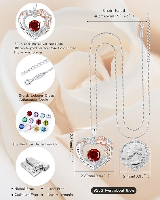 Women's Birthstone Necklace, Holiday Gift for Girlfriend, 925 Sterling Silver Heart Rose Necklace, Anniversary Birthday Gift for Wife, Daughter