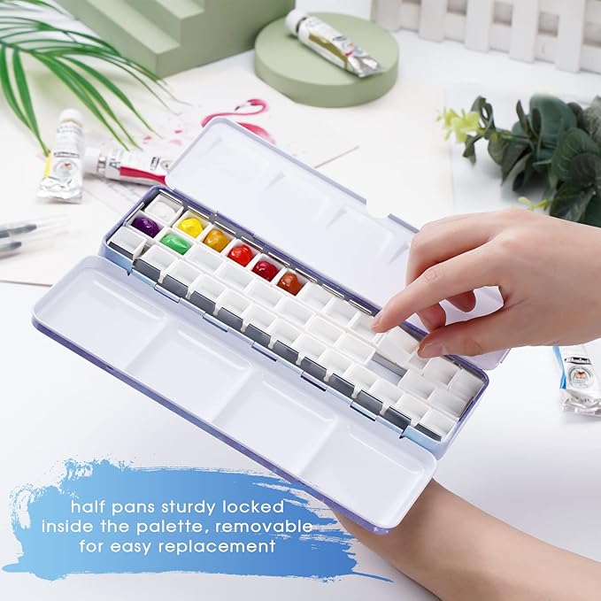 PEVART Empty Watercolor Paint Palette,Metal Box Mixing Palette Case with 37 Water Color Half Pans and Fold-Out Palette Tin Paint Tray Travel Watercolor Set,Acrylic,Gouache, Oil Painting