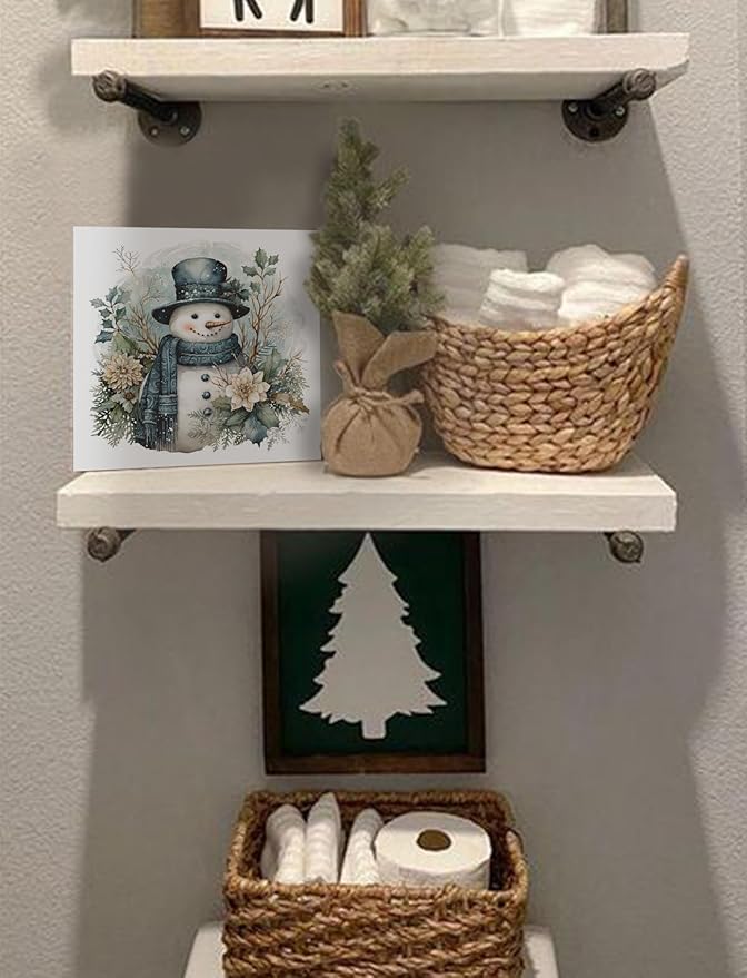 Floral Christmas Snowman Wooden Box Sign, Blue Snowman Christmas Decorations, Vintage Xmas Winter Holiday Wood Signs for Home Office Desk Shelf Table Decor, 5x5 Inch Decorative Signage