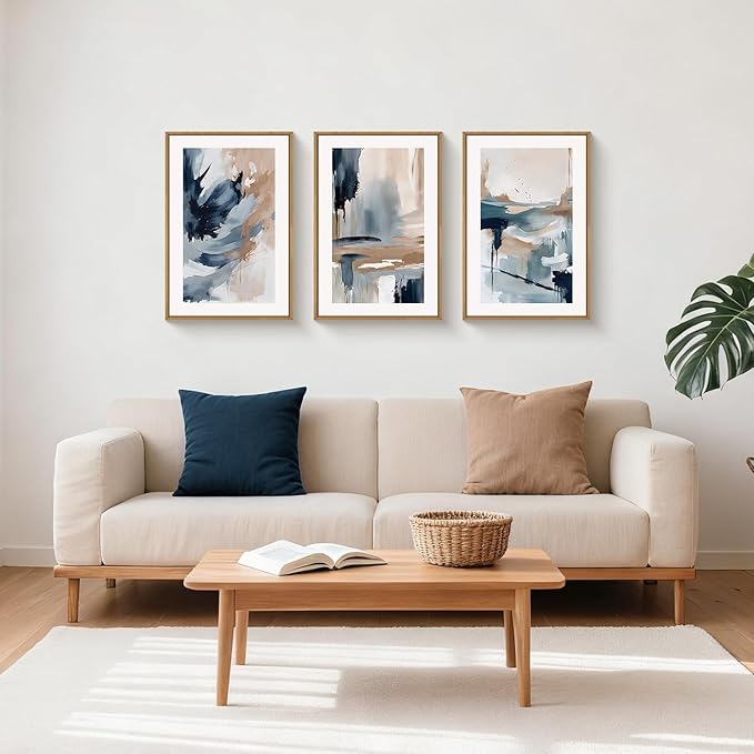Aryroi Large Abstract Navy Blue and Tan Framed Canvas Wall Art,Modern Minimalist Shape Wall Decor,Watercolor Brush Stoke Artwork,Neutral Color Block Art Print For Living Room,Bedroom,Office- 16"x24"x3