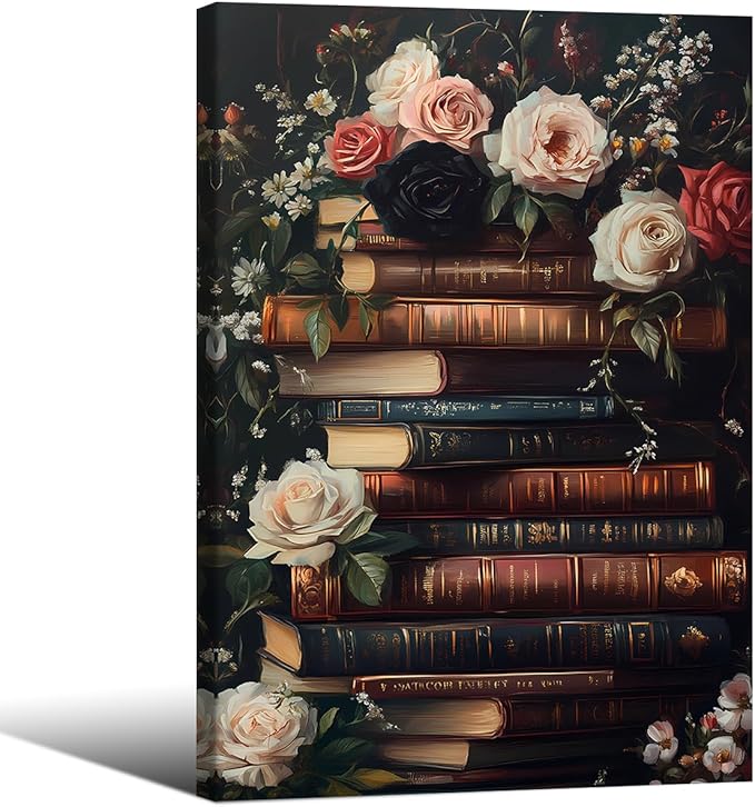 Dark Academia Book Canvas Posters Moody Botanical Floral Wall Art Vintage Antique Victorian Aesthetic Oil Painting 24X36 inch Framed for Gallery Library Wall Decor