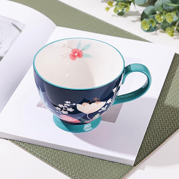 Autumn Handmade Large Ceramic Coffee Mug (20oz) Cute Cereal Vintage Flower Mugs Cozy Fall Gift Cup for Breakfast Oatmeal Tea & Hot Drinks with Floral Design