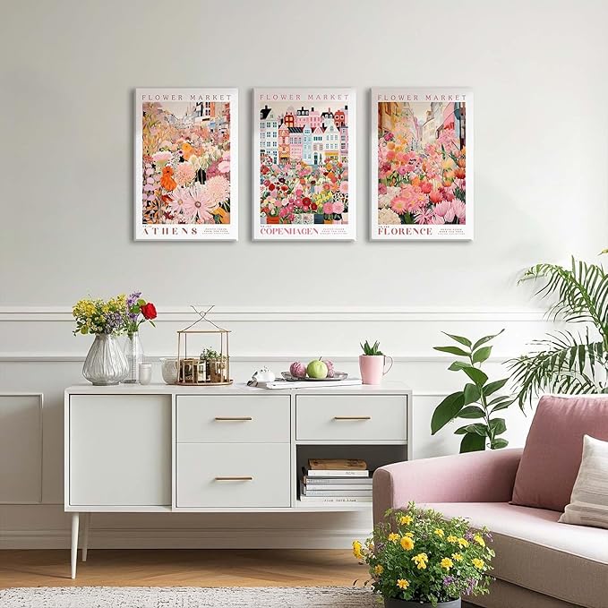 XLARTMY Flower Market Wall Art Print Canvas Framed Pink Floral Paintings Colorful Botanical Sunflower Artwork Travel Poster for Decor Picture 3 pieces for Living Room Bedroom Bathroom 16x24in