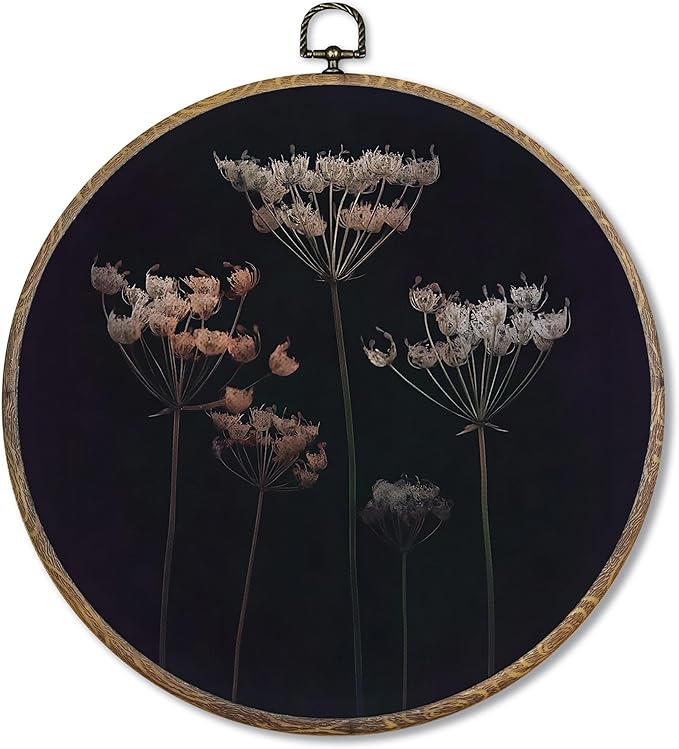 FUGWN Dark Cottagecore Wildflower Floral Round Wall Art Decor Framed, Vintage Flower Botanical Canvas Artwork Prints, Dark Floral Wall Hanging Decorations for Home Bedroom Living Room, 10x10 Inch