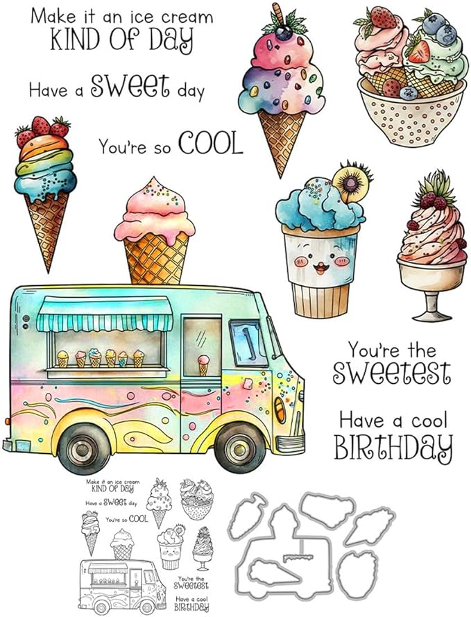 Ice Cream Cart Cones Stamps and Cutting Dies for Card Making DIY Transparent Silicone Clear Stamp and Metal Die Cuts Sets for Scrapbooking Paper Greeting Cards Decor Seals Craft Supplies
