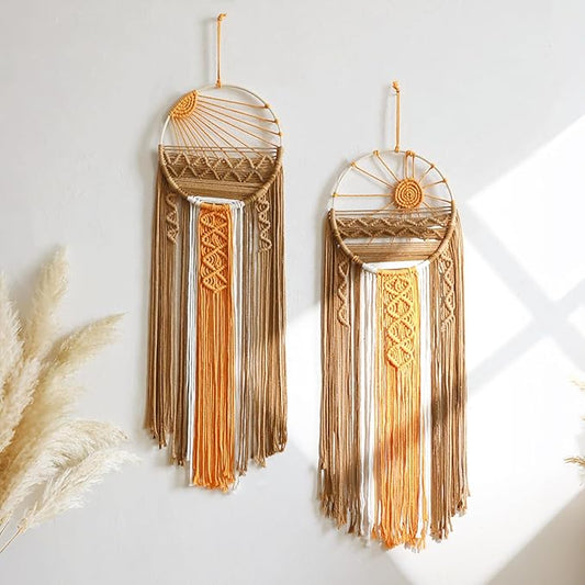 2 Pack Macrame Sun Wall Decor Set - Hand Woven Sunrise Sunset Boho Hanging Tapestry Wall Art, Orange Brown Rustic Dream Catcher Home Decor for Bedroom Living Room Nursery