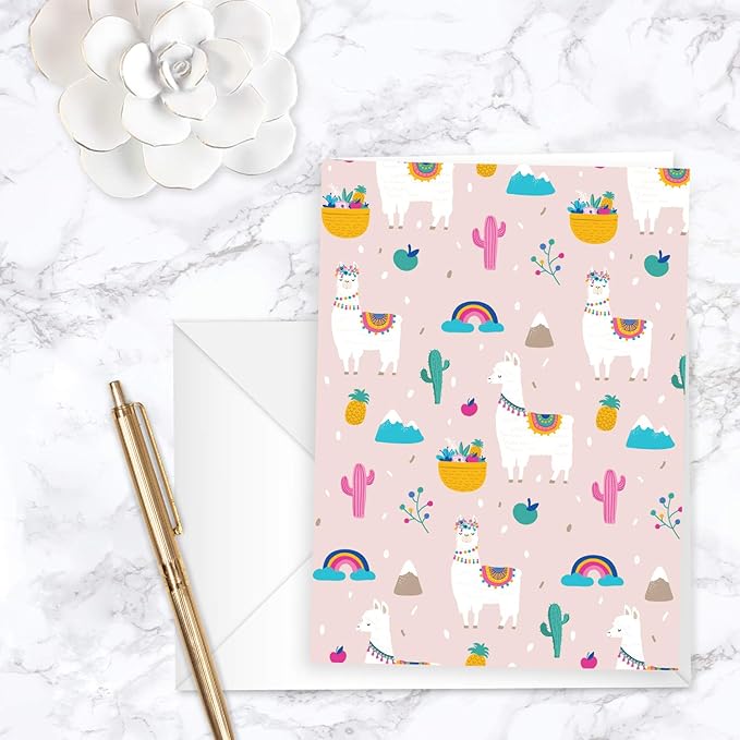 Llama Note Cards / 24 Adorable Animal All Occasion Greeting Cards With White Envelopes / 3 1/2" x 4 7/8" Desert Birthday Party Cards / Alpaca Thank You Note Card Set / 6 Cinco De Mayo Fiesta Designs