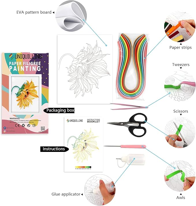 Uniquilling Quilling Kit Paper Quilling Kit for Adults Beginner, Handmade DIY Craft Quilling Paper Filigree Painting Kit Tools, Home Room Wall Art Decor Perfect Gifts, 8 * 10-inch Sunflower (Basic)
