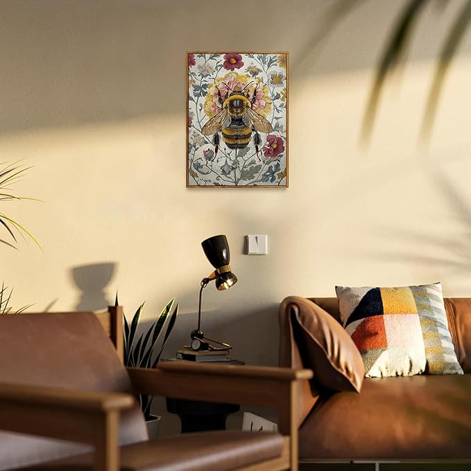 Djmwtb Framed Vintage Wall Art,Bee Wall Decor,Botanical Flower Wall Art,Nature Paintings Canvas Artwork Prints for Bedroom, Living Room 16x24in