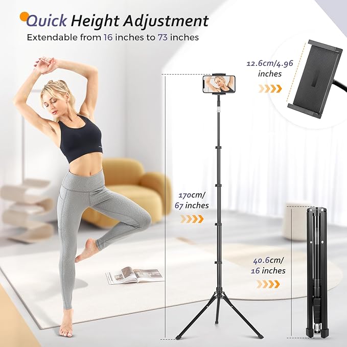 Aureday iPad Stand Floor, 67” Height Adjustable iPad Tripod Stand, Tablet Stand with Extendable Holder for iPad mini, iPad Air, iPad Pro, Kindle, Switch, Smartphones, and All 4.7" to 12.9" Devices