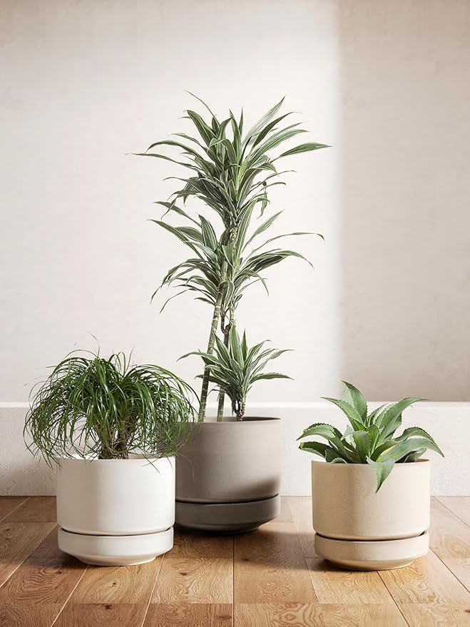 LE TAUCI Large 14 Inch Plant Pot with Saucer | Ceramic Outdoor & Indoor Big Planter Pot | Drainage Hole, Mesh Pad & Plug | Unglazed Porous | Modern Minimalist for Home and Patio – Neutral Gray