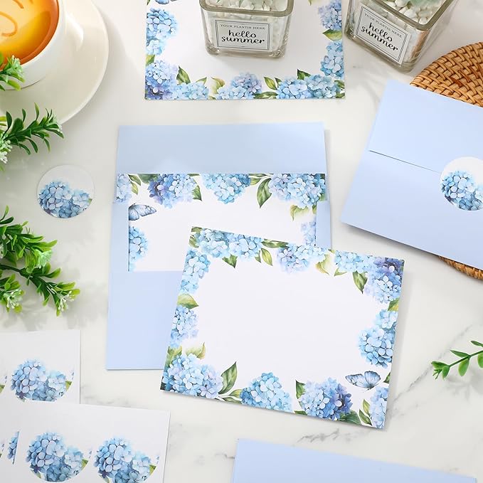 Whaline 24 Pack Hydrangea Stationery Cards with Envelopes Blank Thank You Note Cards Blue Floral Greeting Card for Spring Birthday Wedding Invitations Supplies
