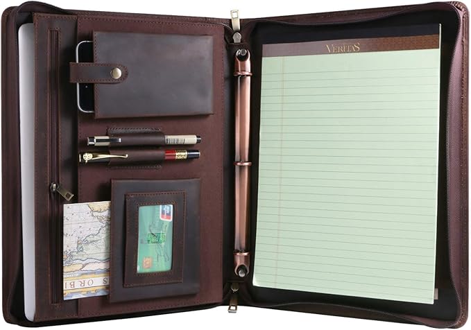 Professional Leather Business Padfolio Portfolio Case, 3 Ring Binder,Zippered Business Document Organizer Tablet Holder Folder Case,with Letter Size Notepad (Dark Brown Upgraded Version)