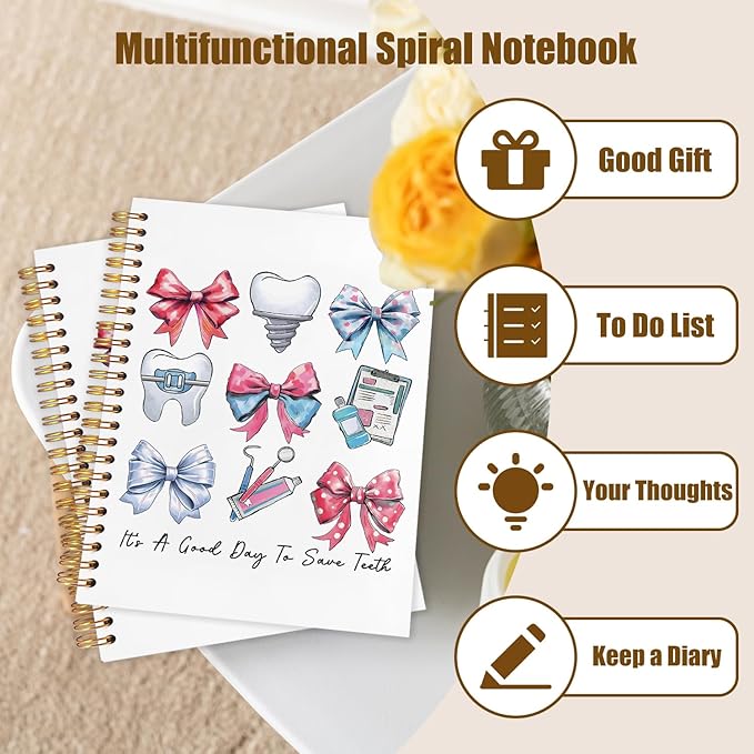 WUCHJ Dentist Gifts Notebook, Dental Hygienist Assistant Gifts Journal, Coquette Bow Dental Spiral Notebook Journal for Note Taking, Dentist Office Supplies, 5.5x8.3 Inch