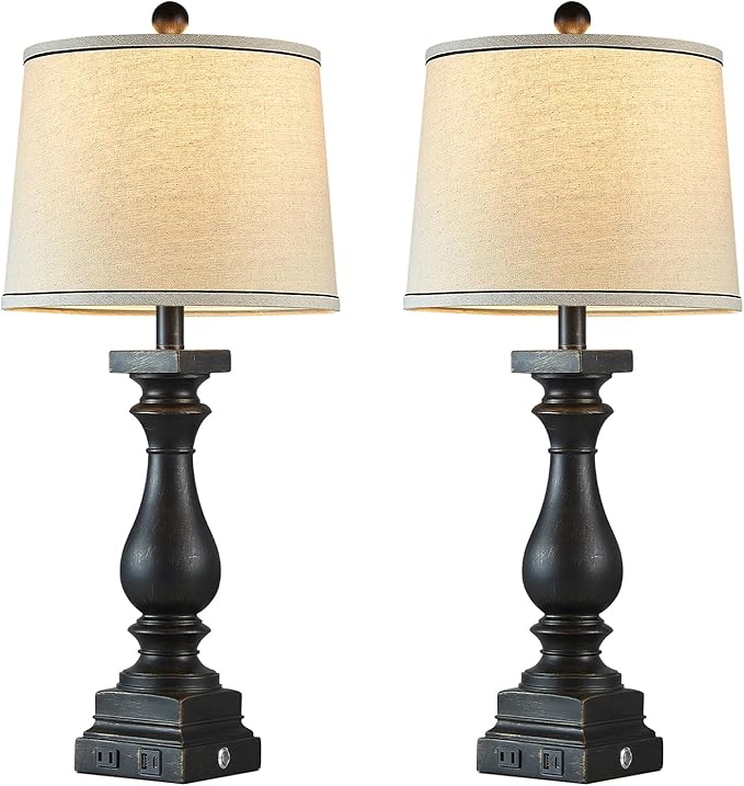 28" Tall Farmhouse Table Lamps Set of 2 with USB C+A Ports and AC Outlet, 3 Way Touch Control Rustic Bedside Lamp for Bedroom, Black Vintage Nightstand Lamp for Living Room Office