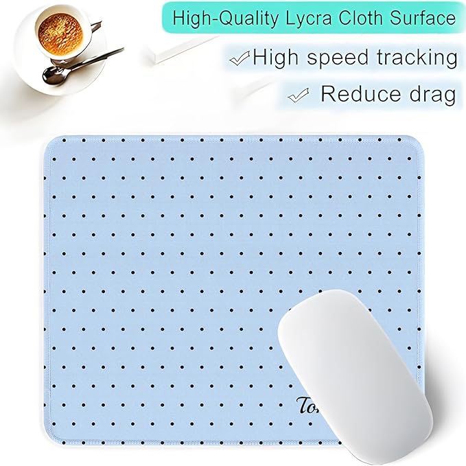 Seorsok Baby Blue Mouse Mat,Premium Textured Mouse Pads for Office Laptop,Washable Square Mousepads with Extended Stitched Edges Non Slip Rubber Base 9.5"x7.8"x0.12"Inch,Black Polka Dot Design