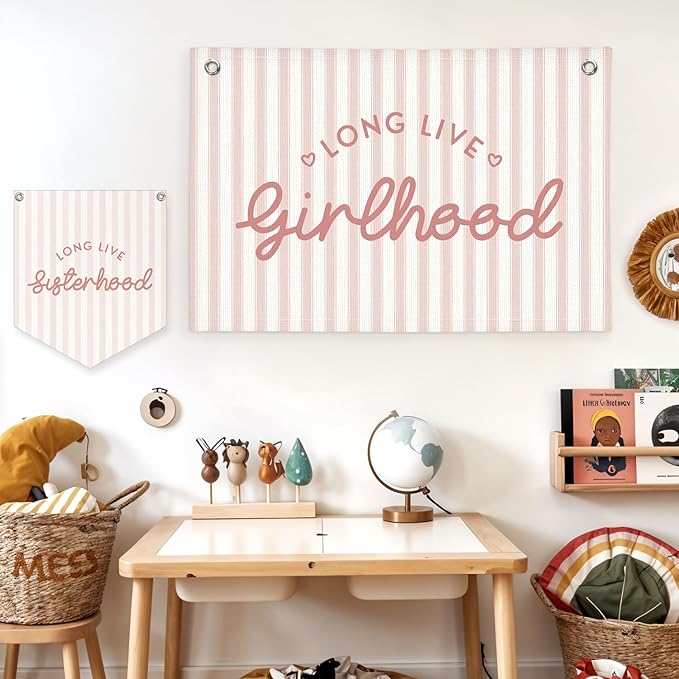 Lacama Long Live Girlhood Banner, Pink Linen Banners Wall Hanging Banner Flag Decor for Toddler Girls Room Nursery, Wall Hanging Flag 30x20 In