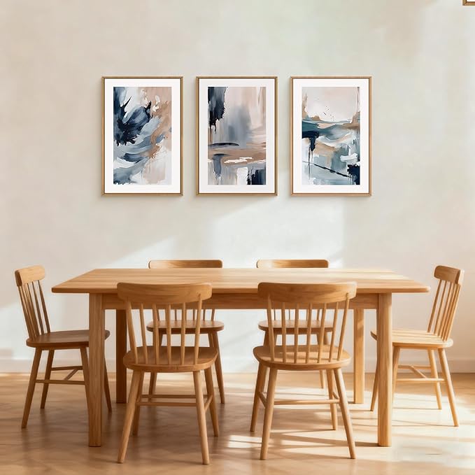 Aryroi Large Abstract Navy Blue and Tan Framed Canvas Wall Art,Modern Minimalist Shape Wall Decor,Watercolor Brush Stoke Artwork,Neutral Color Block Art Print For Living Room,Bedroom,Office- 16"x24"x3