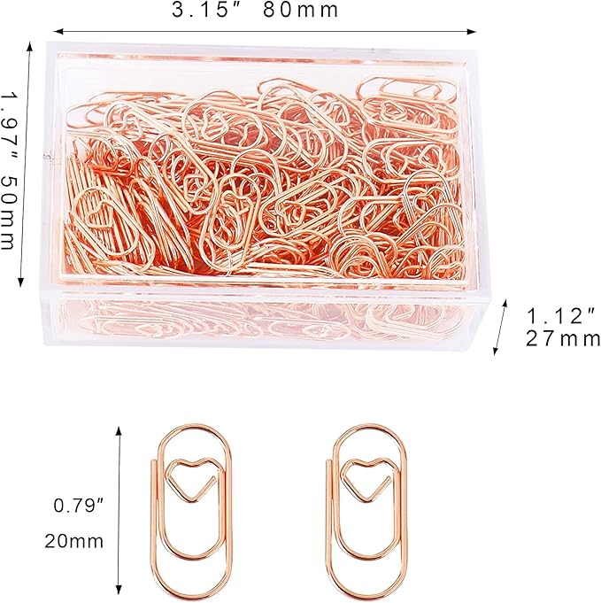 200 Pcs Small Rose Gold Paper Clips Love Heart Shaped Paperclips Stainless Steel in Tinplate Paper Clips Holder for Office School Home Desk Organizers