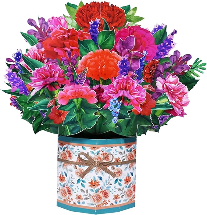 Carnation Bouquet Pop Up Card, Flower 3D Greeting Card with Envelope for Any Occasion, Birthday, Mother's Day, Anniversary, Valentines Day, Foldable Flower Cards for Mother or Loved Ones