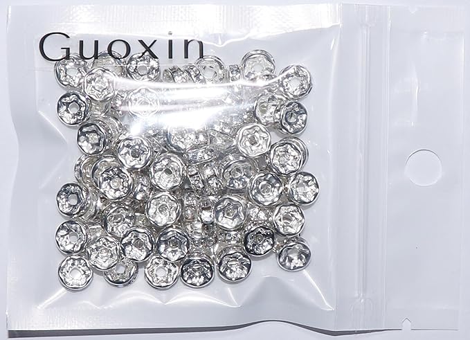 100Pcs Rondelle Spacer Beads Round Crystal Charms Czech Rhinestone Silver Plated Spacer Loose Bead for DIY Bracelet Necklace Jewelry Making Supplies (6MM, Black)