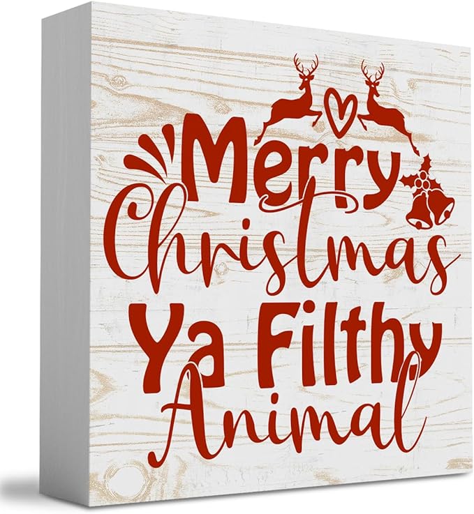 Home Alone Decor Winter Merry Christmas Ya Filthy Animal Tree Wood Box Sign, Farmhouse Christmas Santa Artwork Decor, Wood Square Sign Desk Block Signs Home Shelf Office Decoration 5 x 5 Inches