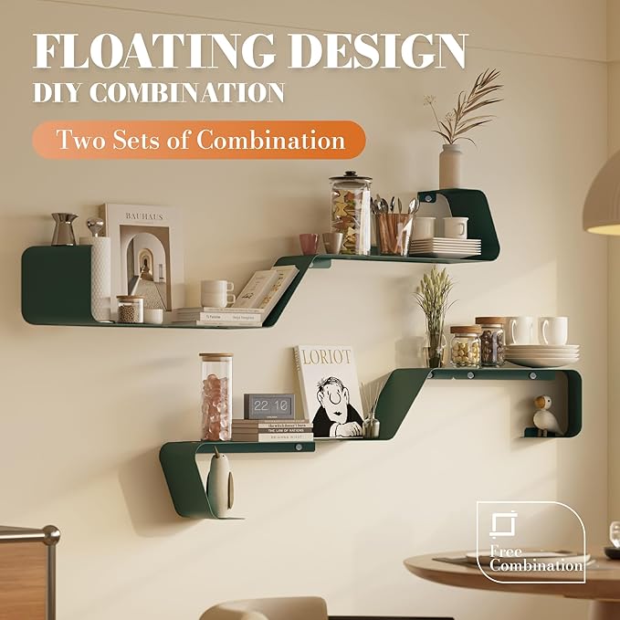Floating Shelves, Wall Shelf Decor, Set of 3 Mounted Metal Shelves with Unique Design for Wall Storage, Book Shelf, Display Shelves for Bathroom Bedroom Kitchen Living Room for Home Green