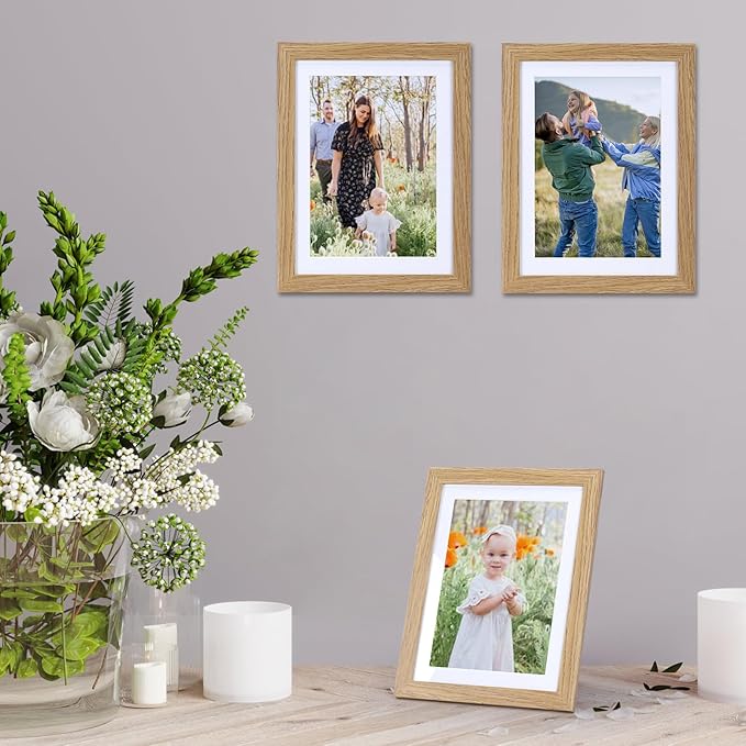 Lyeasw 5x7 Picture Frame 15 Pack, Display Pictures 5x7 with Mat or 6x8 without Mat, Natural Wood Color Bulk Photo Frames for Wall or Tabletop