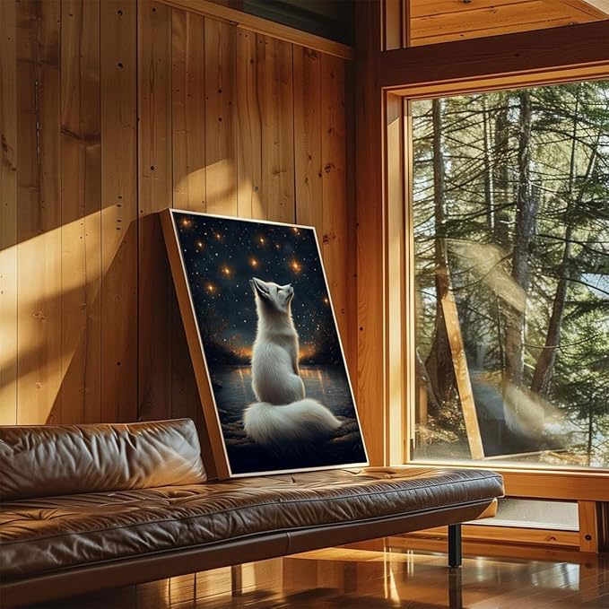Djmwtb White Fox Framed Wall Art Starry Night Canvas Wall Art Nature Landscape Art Prints Woodland Animal Pictures Painting Wall Decor Artwork for Living Room 8x10in