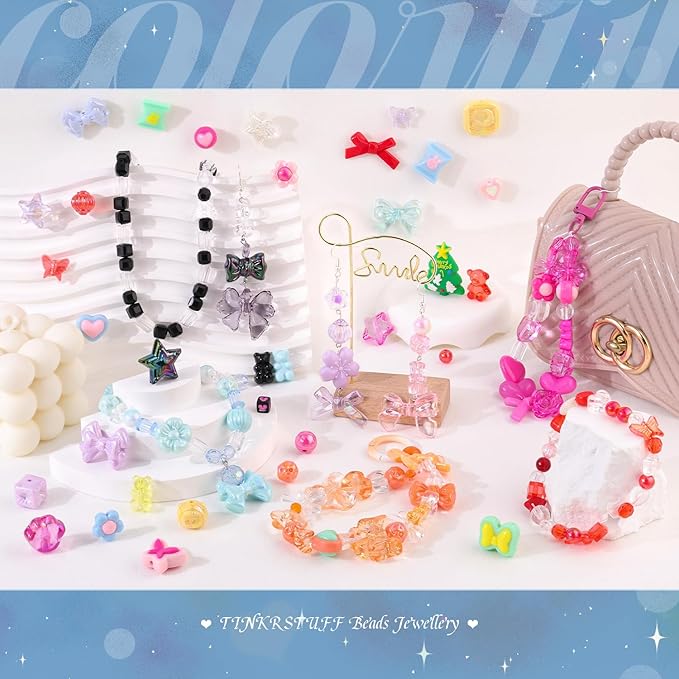 600-650PCS TINKRSTUFF Assorted Acrylic Beads 9 Mixed Colors Cute Beads for Bracelet Making, Bow Aesthetic GummyBear Flower Butterfly Kawaii Charms for Jewelry Making DIY Necklace Keychain Phone Charm