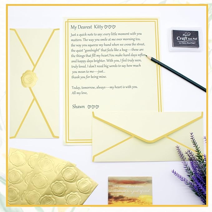30 Pack Stationery Paper Set with Gold Border Including #10 Business Envelopes and 8.5x11 Paper Sheets 30 Gold Stickers for Love Letters and Party Invitations (Cream Color)