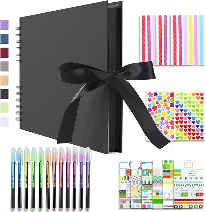 Vienrose Scrapbook Album 80 Pages, DIY Photo Album with Accessories, Black Kraft Paper Memory Book for Wedding, Birthday, Travel, Christmas, Mother’s Day, 11x8 Inches