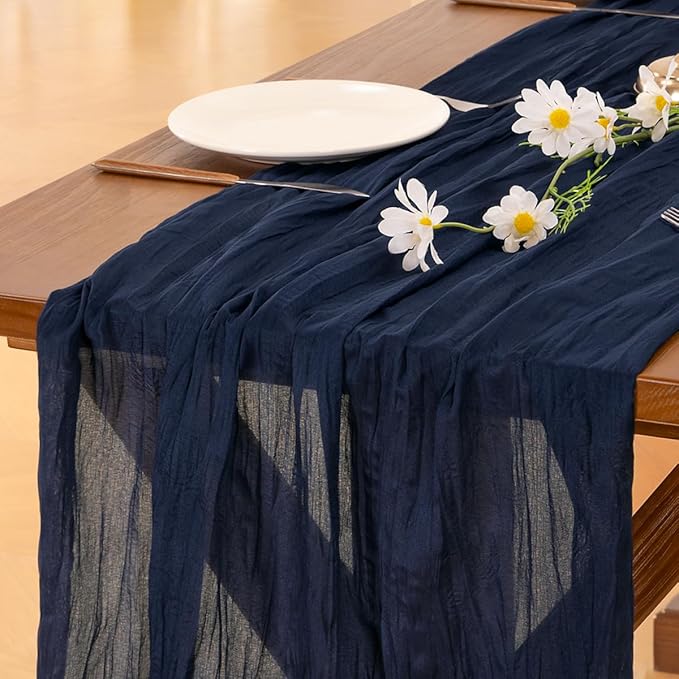 Socomi 6pcs Navy Blue Valentine's Day Cheesecloth Table Runner Boho Rustic Gauze 120 inch 10FT Cheese Cloth Runner for Wedding Party Baby Shower Birthday Home Decor Holiday Decorations