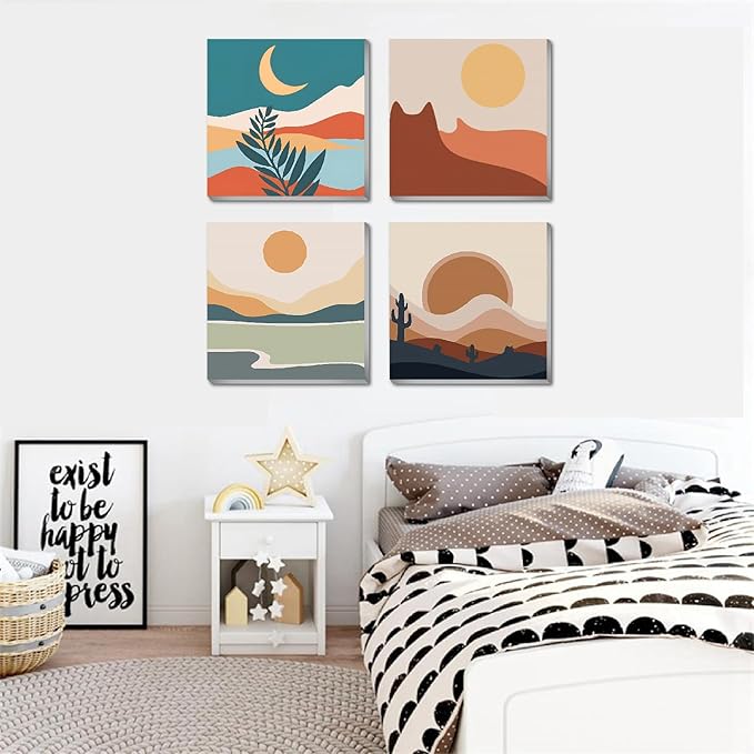4 Pack Framed DIY Paint by Numbers Kit for All Ages Adults and Kids Beginner,Landscape Oil Painting Easy Paint by Number with Canvas,Acrylic Painting Kit Adults for Decor 8x8inch